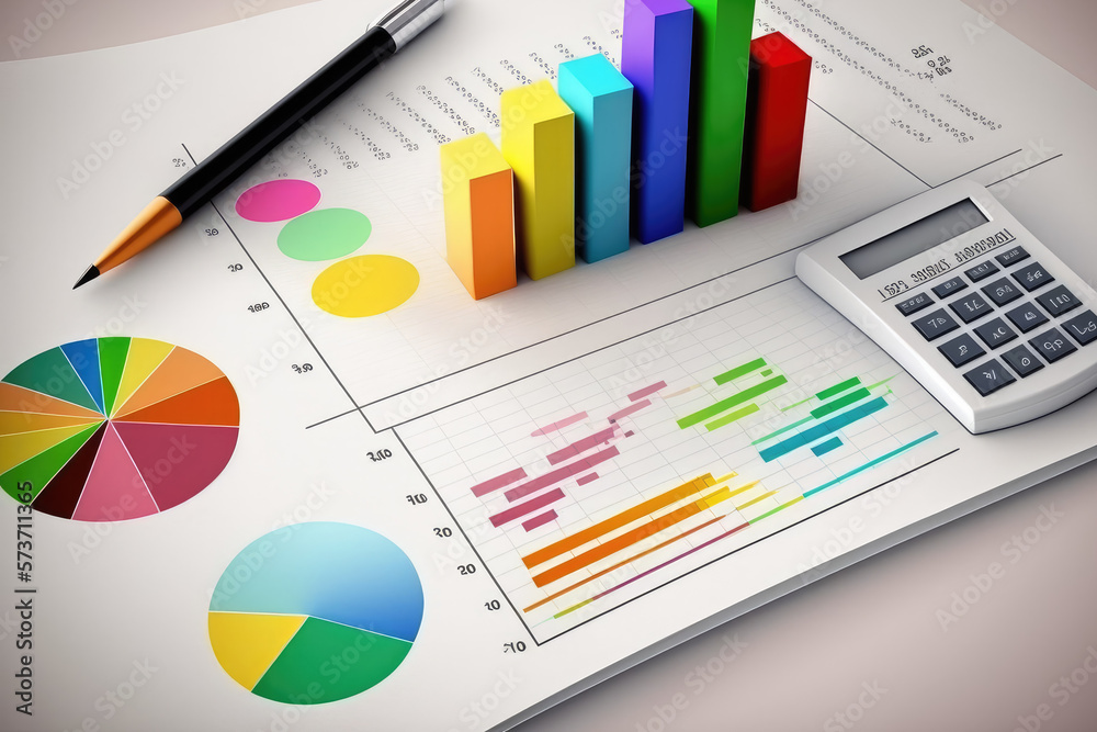 Financial analysis graph on paper with different colored pens and calculator, generative ai Financial analysis graph on paper with different colored pens and calculator, generative ai