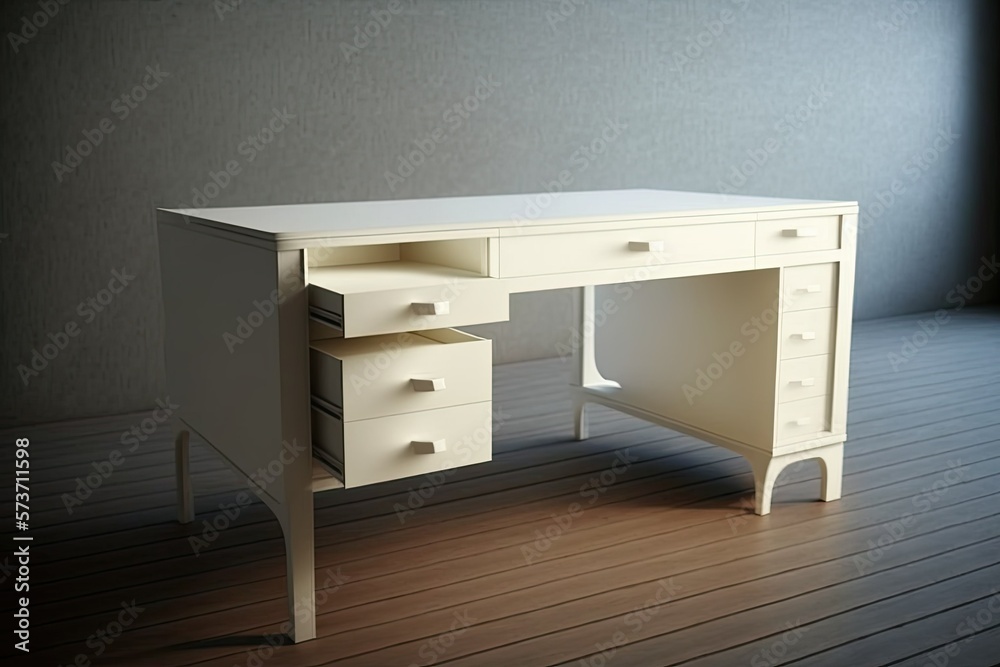 White wooden modern table with drawers. Generative AI White wooden modern table with drawers. Generative AI