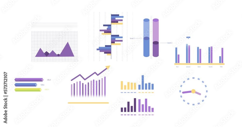 Animation of statistics, graphs and financial data processing over white background