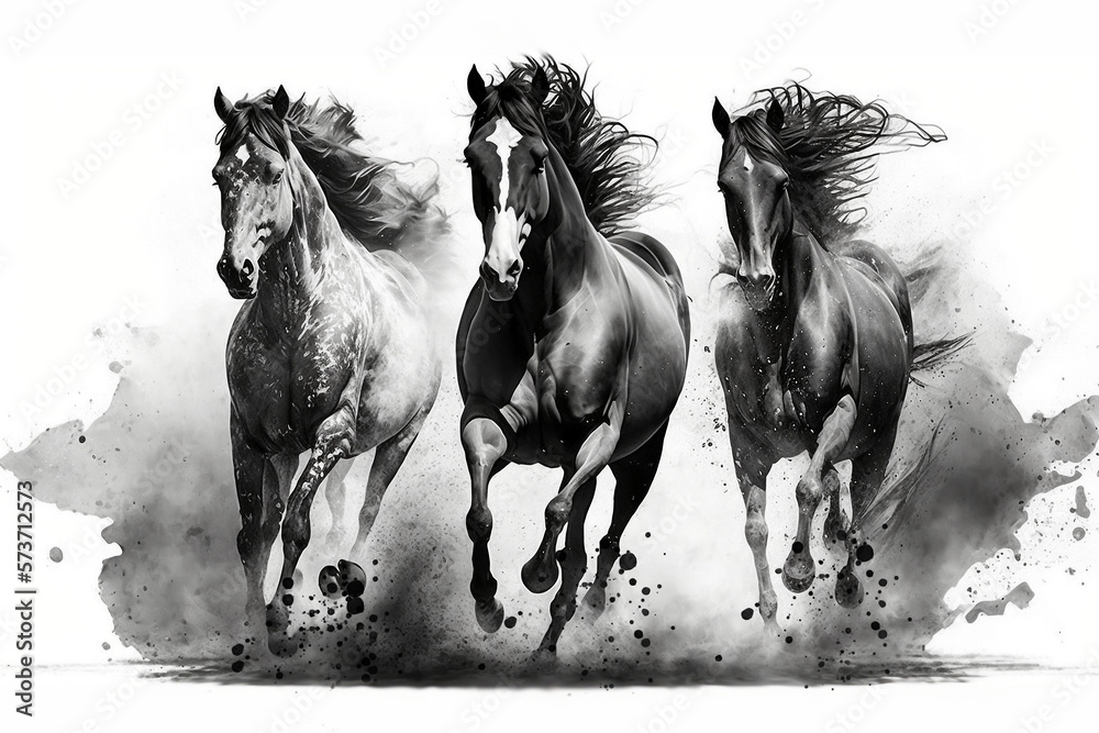 Black and white wild running horses Illustrated using generative AI ...