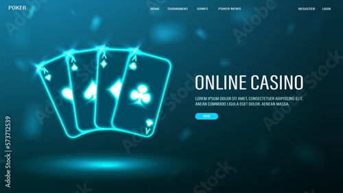 A web banner with shiny, neon, blue poker cards.
