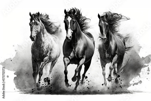 Black and white wild running horses Illustrated using generative AI
