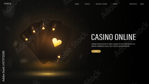 Web banner with black and gold poker cards on a shiny background.