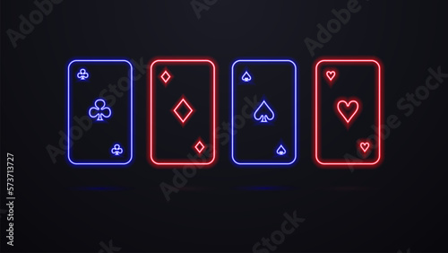 Four neon cards of different suits. Red and blue, bright glowing silhouettes of cards.