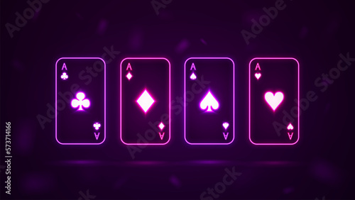 A set of four neon aces of different suits for playing in a casino. Bright neon poker cards.