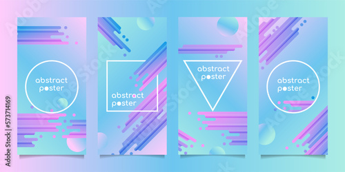 Set of abstract vertical posters with frames and rounded geometric shapes on light gradient background. Vector illustration for background, roll up, wallpaper, banner, flyer, cover, UI, catalogue