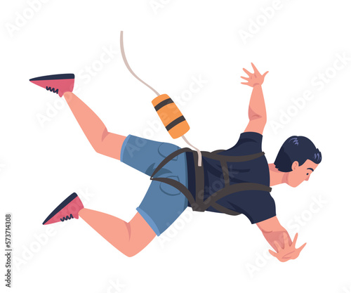 Bungee Jumping with Man Character Free Falling Down from Great Height Connected to Elastic Cord Vector Illustration