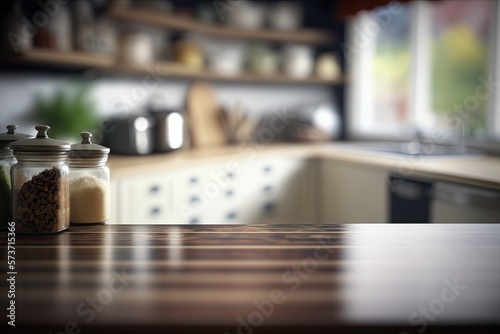 Empty Wooden Countertop Display with Kitchen Background (Created with Generative AI)