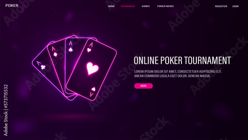 A web banner with shiny, neon, pink and purple poker cards.