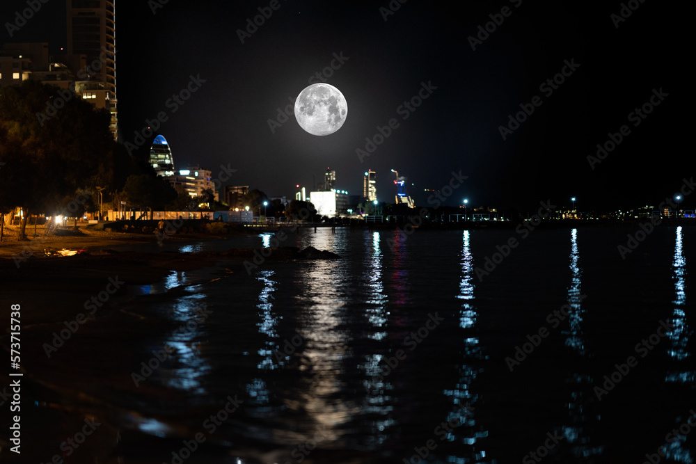 night city sea and moonlight