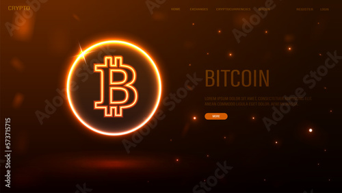 A web banner with a bright neon bitcoin logo on an orange background.