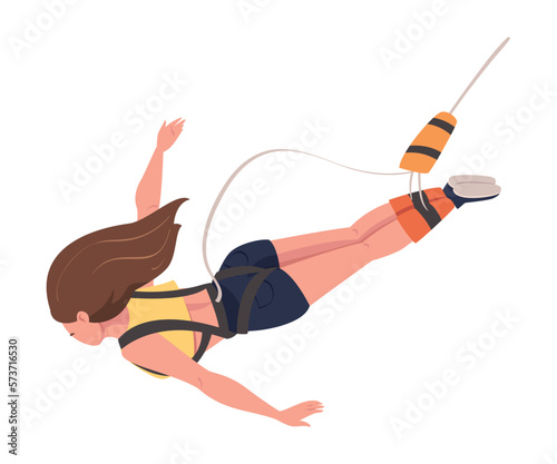 Bungee Jumping with Woman Character Free Falling Down from Great Height Connected to Elastic Cord Vector Illustration