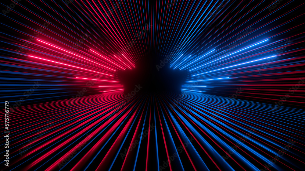 Sci Fy neon glowing lines in a dark tunnel. Reflections on the floor and ceiling. 3d rendering image. Abstract glowing lines. Techology futuristic background.