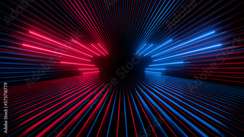 Obraz na płótnie Sci Fy neon glowing lines in a dark tunnel. Reflections on the floor and ceiling. 3d rendering image. Abstract glowing lines. Techology futuristic background. w salonie