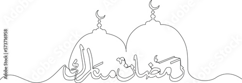 Single one line drawing ramadan kareem in arabic calligraphy greetings with islamic moque. Ramadan concept. Continuous line draw design graphic vector illustration.