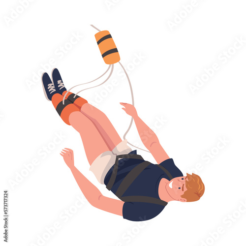 Bungee Jumping with Man Character Free Falling Down from Great Height Connected to Elastic Cord Vector Illustration