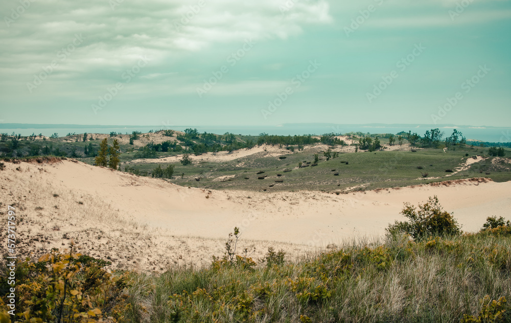 Looking across the sand dunes of Sleeping Bear Dunes National Lakeshore and toward Lake Michigan Looking across the sand dunes of Sleeping Bear Dunes National Lakeshore and toward Lake Michigan