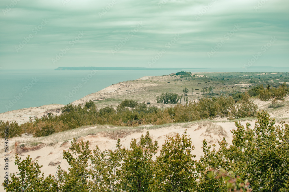 Fototapeta premium Looking across the sand dunes of Sleeping Bear Dunes National Lakeshore and toward Lake Michigan
