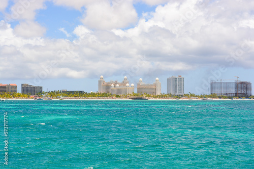 A view on Aruba waterfront from offshore Caribbean sea. 