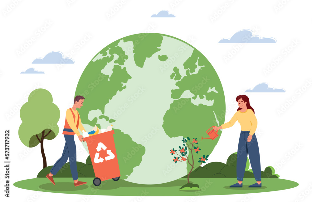 Save planet concept. Man and woman collect garbage on background of globe. Eco friendly society, reducing emission of harmful waste and caring for environment. Cartoon flat vector illustration Save planet concept. Man and woman collect garbage on background of globe. Eco friendly society, reducing emission of harmful waste and caring for environment. Cartoon flat vector illustration