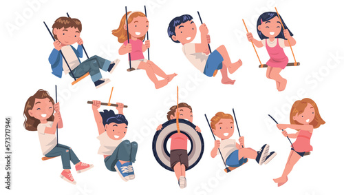 Smiling little boys and girls swinging on swing set. Happy children having fun outdoors cartoon vector illustration
