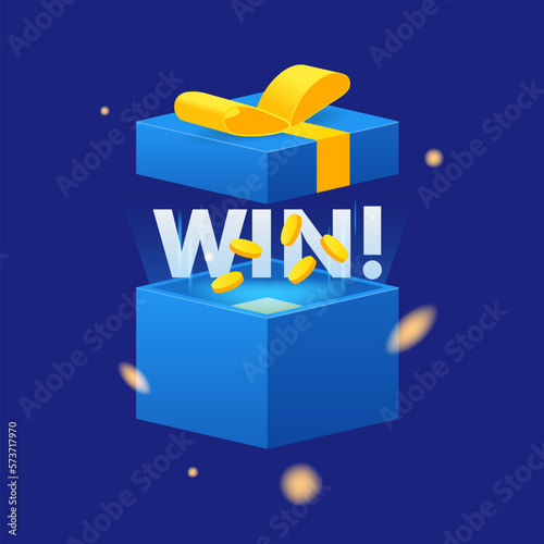 WIN text. Open blue box with confetti explosion inside and golden coins and win word. Flying particles from giftbox vector illustration on blue background