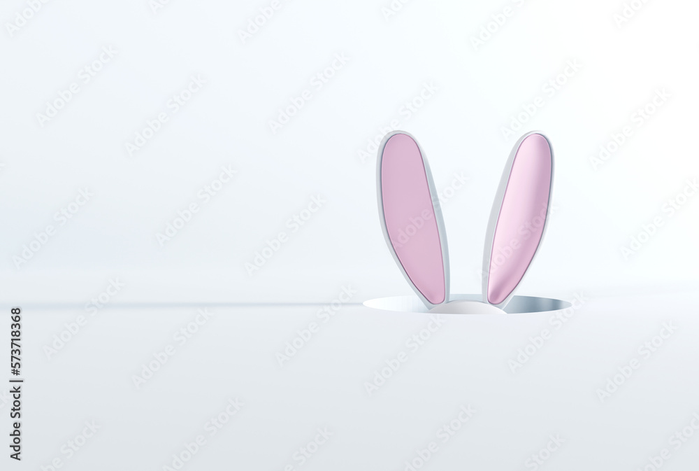 Bunny ears sticking out of the ground. The concept of Easter, the holiday and traditions associated with it. Hare ears on a light background. 3D render, 3D illustration.