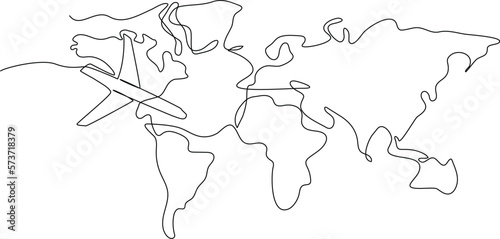 Continuous one line drawing World Travel Map and air plane. World traveler Concept. Single line draw design vector graphic illustration.
