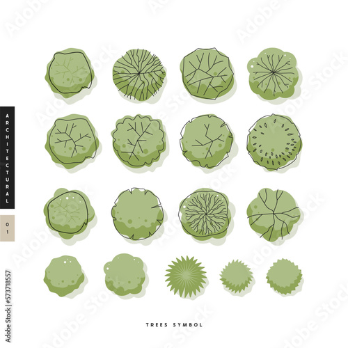 Various green trees, bushes and shrubs, top view for landscape design plan. Vector illustration, isolated on white background