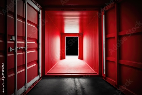 Looking through a red shipping container  doors open. Generative AI