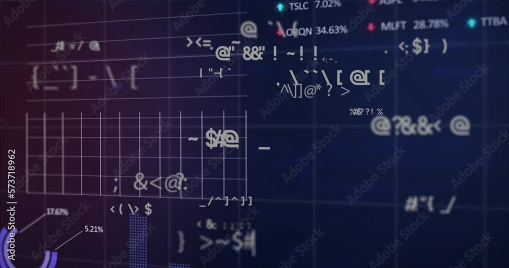 Animation of changing symbols, statistical and stock market data processing against blue background Animation of changing symbols, statistical and stock market data processing against blue background