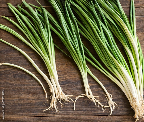 fresh green onion on wooden background