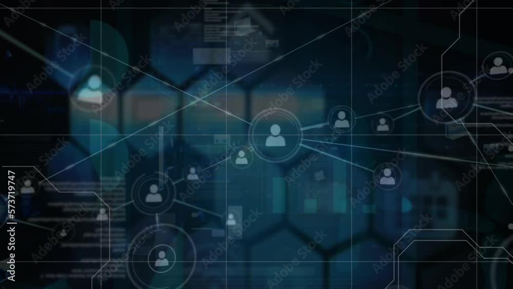 Animation of network of profile icons and data processing against blue hexagonal shapes Animation of network of profile icons and data processing against blue hexagonal shapes