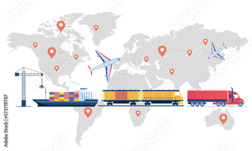 Worldwide shipping concept. Logistics and transportation of goods, international trade and globalization. Ship, train, truck and plane on background of world map. Cartoon flat vector illustration