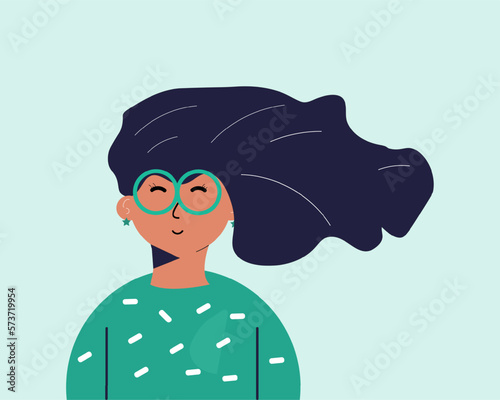 Modern young girl flat style on yellow background. Young woman with black hair. Vector illustration.