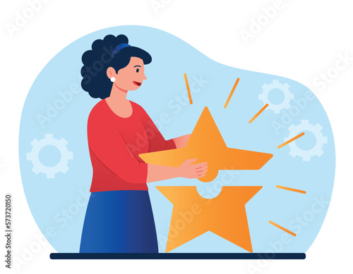 Concept of ambition. Woman with star, leadership and motivation. Hardworking employee or entrepreneur. Goal setting and vision for future. Improve and growing. Cartoon flat vector illustration