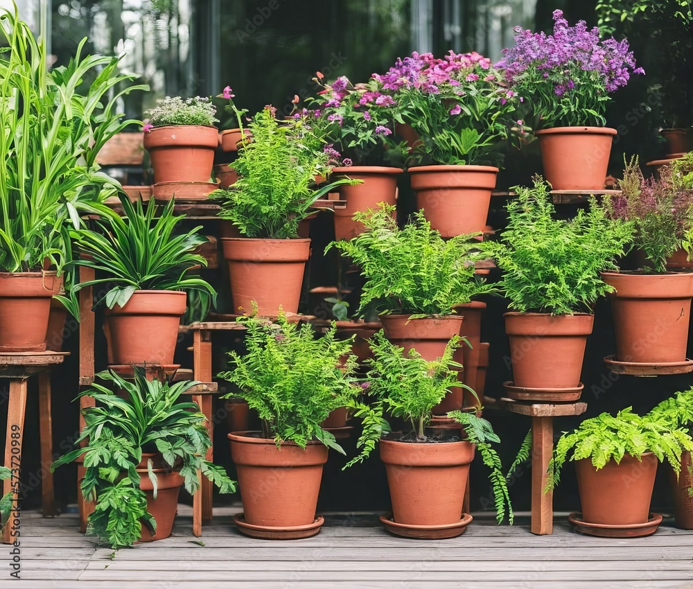 green plants in pots on wooden background