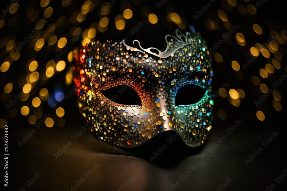 Blurry, multicolored bokeh behind a silver carnival mask on a black background. Generative AI