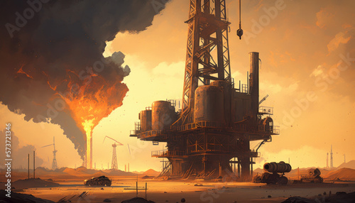 oil platform power plant sunset Generative AI, Generativ, KI 