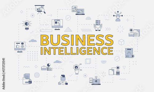 business intelligence concept with icon set with big word or text on center