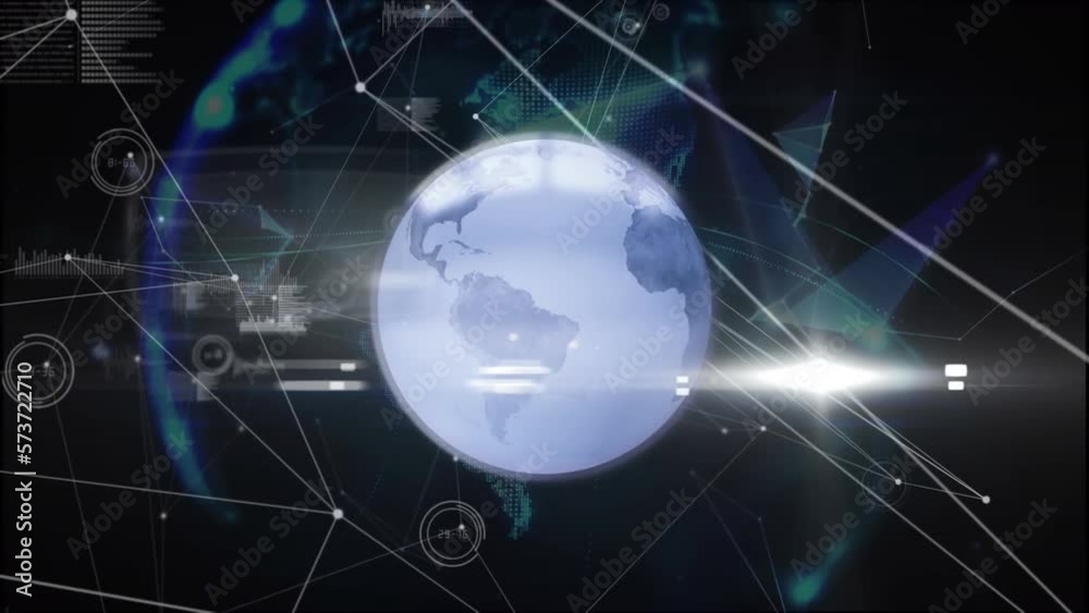 Animation of globe of plexus networks spinning over network of connections and data processing Animation of globe of plexus networks spinning over network of connections and data processing
