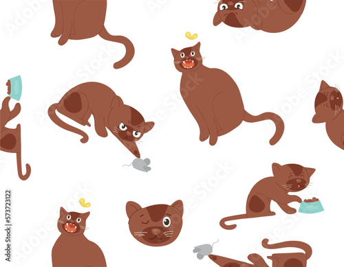Cat seamless pattern. Repeating design element for printing on fabric. Brown kitten, playful character with butterfly, mouse and food in bowl. Pet and animal. Cartoon flat vector illustration