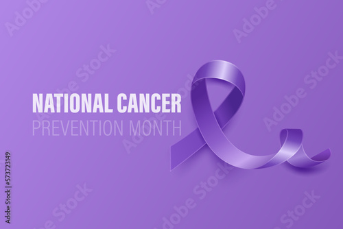 National Cancer Prevention Month Banner, Card, Placard with Vector 3d Realistic Lavender Ribbon on Lavender Background. Cancer Prevention Awareness Month Symbol Closeup. World Cancer Day Concept photo