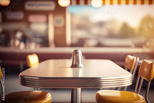 Empty Table in an American 50's Diner Backdrop with Blurred Restaurant Background (Created with Generative AI) photo