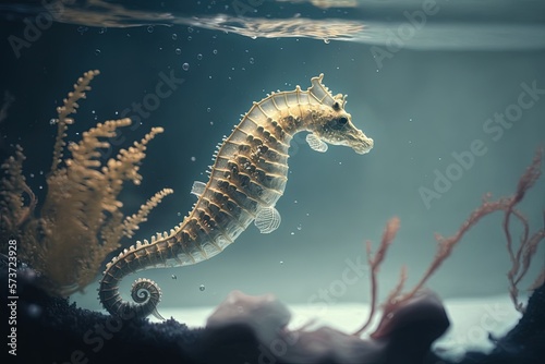 A seahorse swims in a marine aquarium. Generative AI