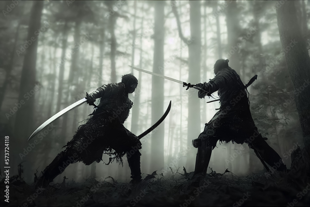two ninjas fighting in the forest with swords
