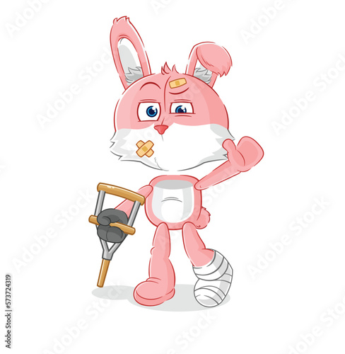 pink bunny sick with limping stick. cartoon mascot vector