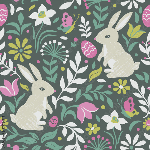 Cute rabbit seamless pattern. Scandinavian style. Easter floral background. Vector illustration.