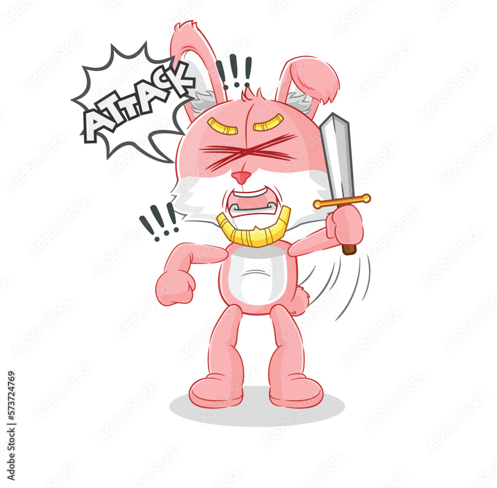 pink bunny knights attack with sword. cartoon mascot vector