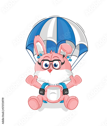 pink bunny skydiving character. cartoon mascot vector
